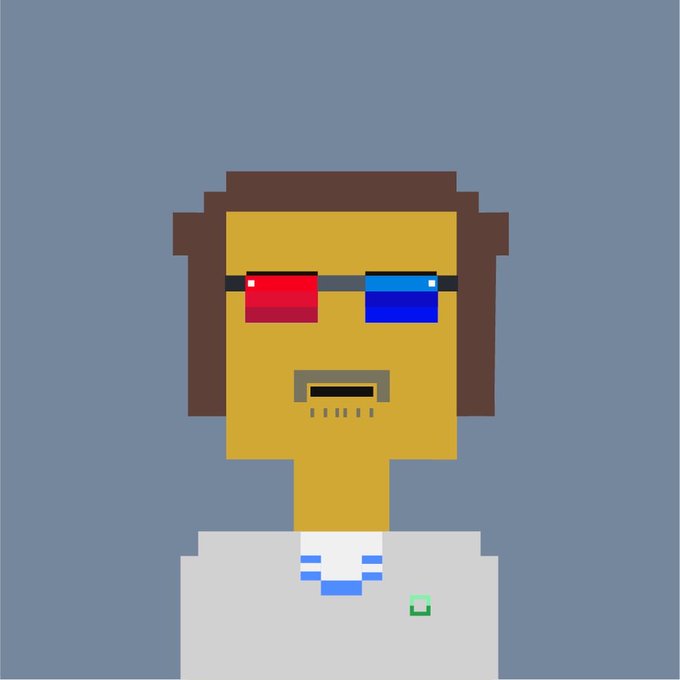 A pixel art portrait of a male character with 3D glasses (one red lens, one blue lens), brown hair, a small mustache, and a white shirt with a name tag, set against a blue background. The image relates to "The Interns" NFT project by StonkBroker, visually representing one of the "Intern" characters mentioned in the whitepaper details.