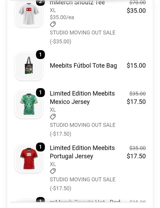 A shopping cart display shows Meebits merchandise including a "Meebits Fútbol Tote Bag" for $15.00, a "Limited Edition Meebits Mexico Jersey" (XL) and "Limited Edition Meebits Portugal Jersey" (XL), both discounted from $35.00 to $17.50 under a "STUDIO MOVING OUT SALE," along with partially visible shirts and a "mMerch Shnitz Tee" (XL) reduced from $70.00 to $35.00—matching the post about Meebits merch shopping with notable sale discounts.