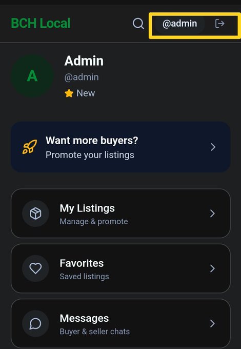 Screenshot of the BCH Local app showing the Admin profile (@admin) with sections for My Listings, Favorites, and Messages, with the profile menu highlighted in yellow.