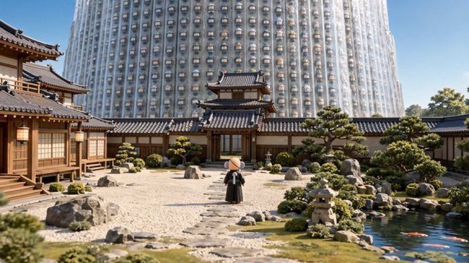 A person in traditional robes stands in a serene Japanese zen garden with a pagoda, stone paths, and a koi pond, set against a towering futuristic skyscraper in the background.