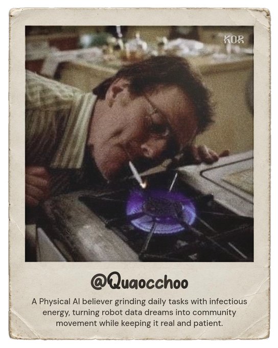 A vintage-style Polaroid image showing a man lighting a cigarette on a gas stove burner, with the handle '@Quaocchoo' and a description reading 'A Physical AI believer grinding daily tasks with infectious energy, turning robot data dreams into community movement while keeping it real and patient.'
