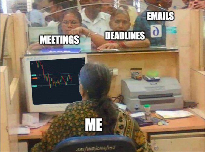A humorous meme showing a person at a computer with a stock chart labeled 'ME' while people labeled 'MEETINGS', 'DEADLINES', and 'EMAILS' stand behind the monitor.
