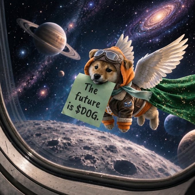 AI-generated image of a winged Shiba Inu dog in an aviator outfit floating in space with a note reading 'The future is $DOG.'