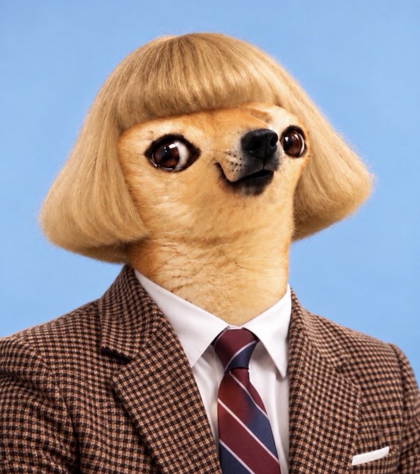 A meme image showing a Shiba Inu dog wearing a blonde bowl-cut wig and a brown houndstooth suit with a striped tie, set against a blue background.