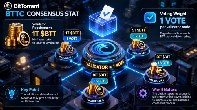 An infographic titled 'BTTC CONSENSUS STAT' by BitTorrent explains that each validator gets 1 vote regardless of how much $BTT they stake, requiring a minimum of 1T $BTT to become a validator.