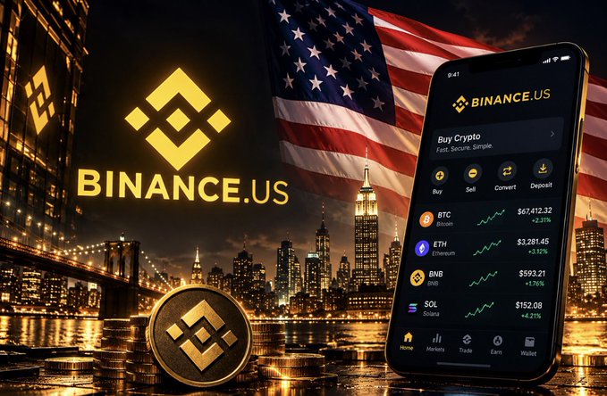 A Binance.US promotional image shows the platform's logo, a smartphone displaying crypto prices (BTC $67,413.32, ETH $3,281.45), and an American flag against a New York City skyline.