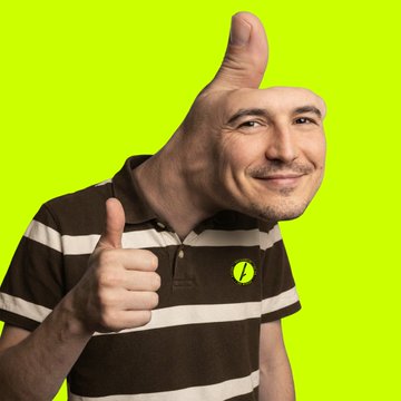 A surreal image shows a man giving an enthusiastic thumbs-up, his head comically stretched and elongated in a cartoonish manner, set against a bright green background with a yellow lightning bolt logo visible on his striped polo shirt—evoking the meme-worthy excitement surrounding $STOCKIMPALER's rapid rise past $1M market cap as it "CTOs HOOD."