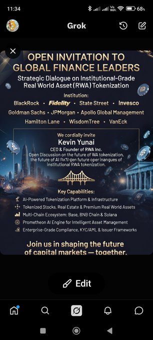 A Grok-generated promotional image styled as an invitation to 'Global Finance Leaders' for an institutional Real World Asset tokenization event, mentioning BlackRock, Fidelity, State Street, and citing Kevin Yunai as CEO & Founder of RWA Inc.