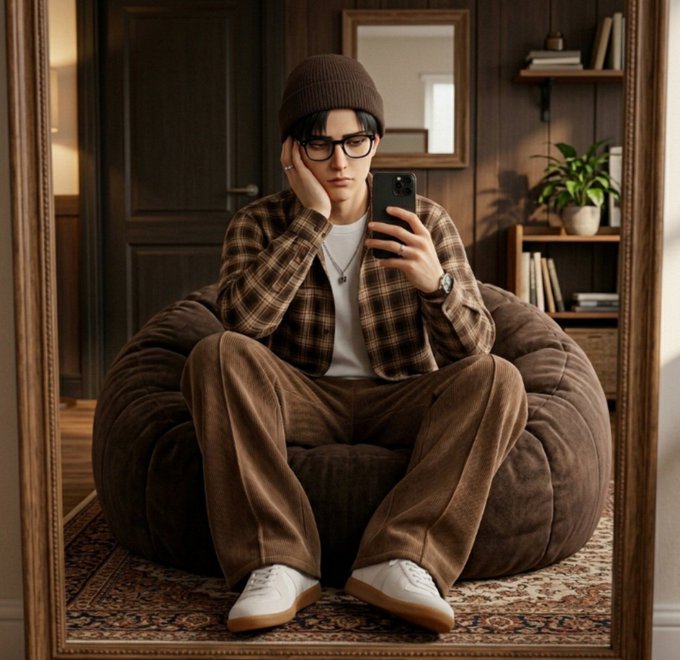 A young man wearing a beanie, glasses, and a plaid shirt sits on a large brown beanbag chair in a wood-paneled room, taking a mirror selfie with his phone.