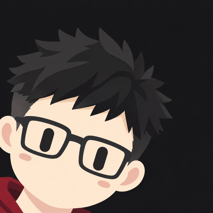 A cartoon illustration of a young male character with messy black hair, wearing large square black-rimmed glasses and a red hoodie, against a black background.
