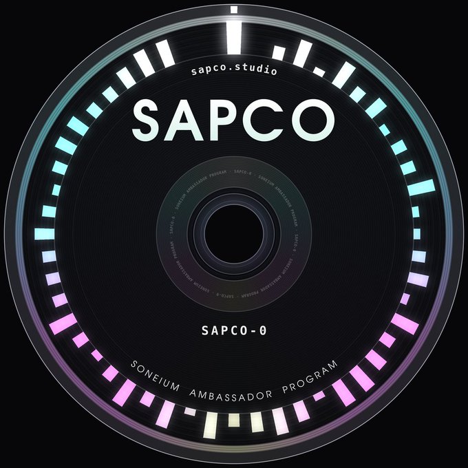 A circular design features the text 'sapco.studio SAPCO' and 'SONEIUM AMBASSADOR PROGRAM' with a colorful gradient border.