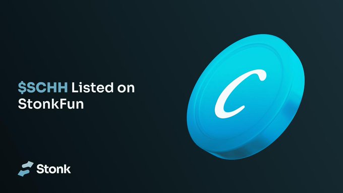 A sleek dark promotional graphic announces "$SCHH Listed on StonkFun" in crisp white and cyan text, accompanied by a large glowing cyan coin featuring a stylized "C" emblem, with the Stonk logo displayed in the lower left corner, visually reinforcing the message that the Schwab U.S. REIT ETF ($SCHH) has been newly listed for tokenized real estate launches on the StonkFun platform.