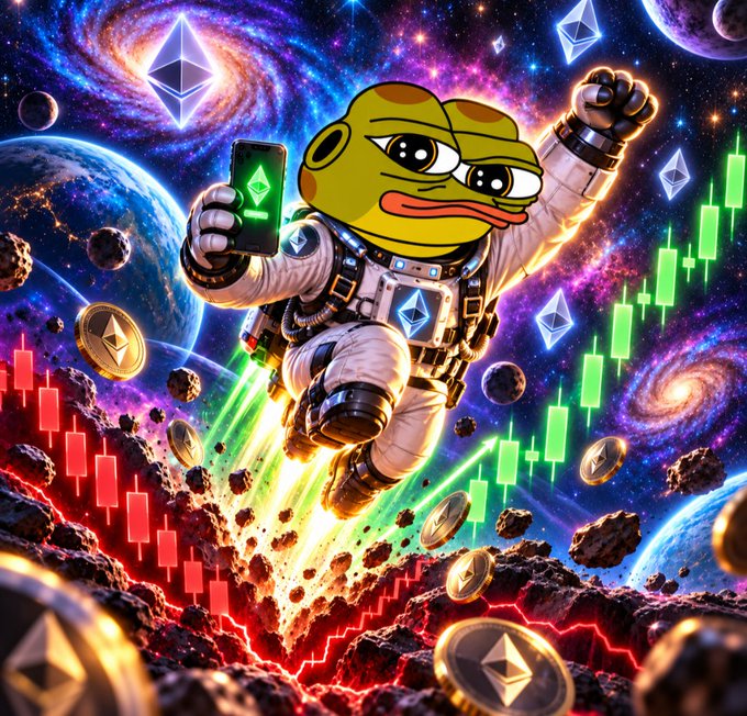 A vibrant digital artwork depicts a Pepe the Frog character dressed as an astronaut holding a smartphone displaying an Ethereum logo, floating in a colorful cosmic scene filled with planets, asteroids, green and red cryptocurrency candlestick charts, and various crypto symbols.