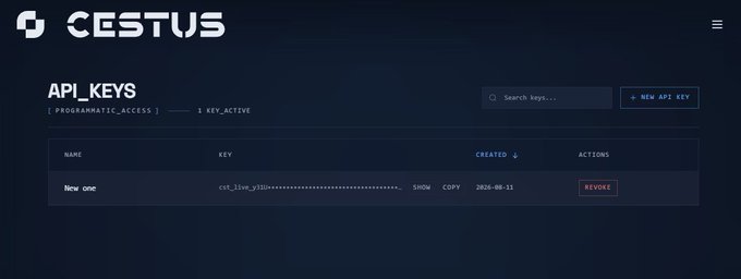 The image shows the Cestus platform's API Keys dashboard displaying one active key named "New one" with a partially masked token (cst_live_y1ll) created on 2026-08-11, alongside options to copy or revoke it. This illustrates Step 1 of the tutorial, demonstrating the interface for generating an API key needed to run inference on Cestus.