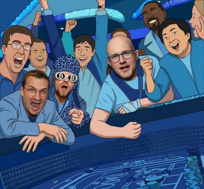 A cartoon-style illustration depicts a group of men celebrating around a gambling table with betting chips, including one wearing sunglasses with a Bitcoin logo.