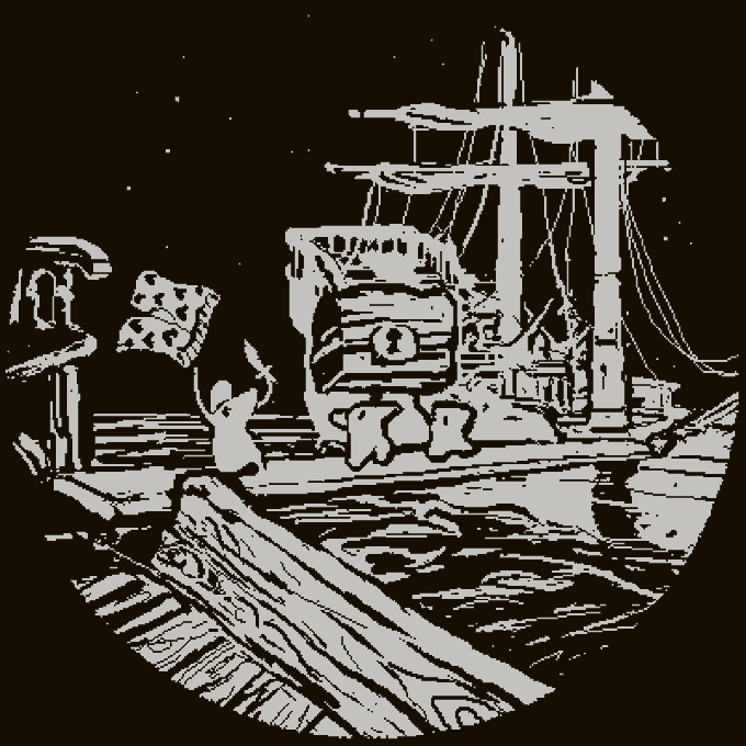 A black and white illustration depicts a pirate ship scene, complete with a treasure chest featuring a keyhole, a pirate's hat, a sword, playing cards, and a treasure map unfurled over the side of the ship, fitting the "happy random rewarding day" post about upcoming mints and drops. The visible "777" on the map reinforces the lucky/rewarding theme of the announcement.