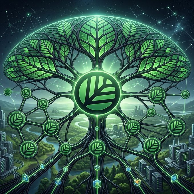 A digital illustration showing a large glowing green tree with leaf-patterned nodes connected by lines, overlaid on a futuristic landscape with a river and cityscape under a starry night sky.