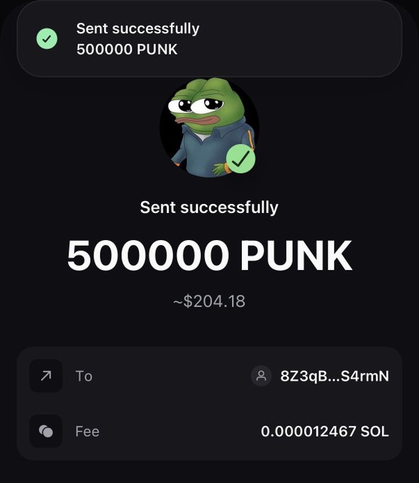 A mobile wallet confirmation screen displays a successful transfer of 500,000 PUNK tokens (~$204.18) to address "8Z3qB...S4rmN," with a Pepe the Frog mascot showing a green checkmark—visually celebrating the $PUNK token transaction in alignment with the bullish "$PUNK TO THE MOON" sentiment.