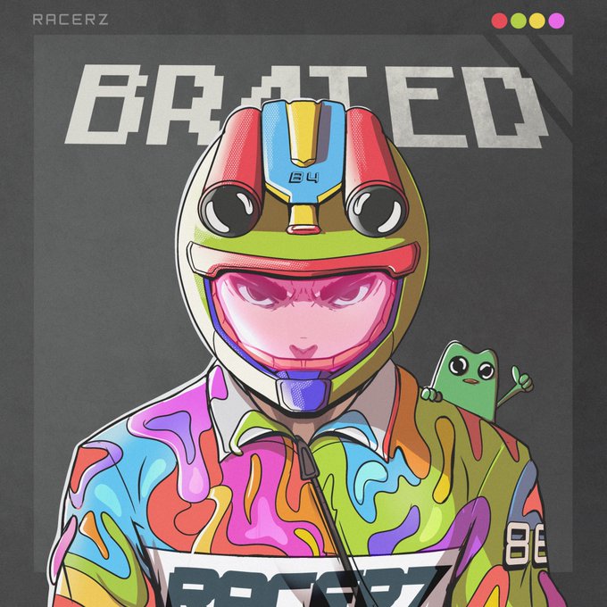A vibrant illustration titled "BRATED" by RACERZ features a racer wearing a colorful, paint-splattered racing suit and helmet with the number "84," accompanied by a small green creature on their shoulder. The artwork's energetic, competitive vibe aligns with the celebratory message of respect and excitement for an upcoming race.