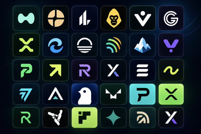 A grid of 30 colorful app-style icons, each featuring a unique abstract or stylized logo on a dark background.