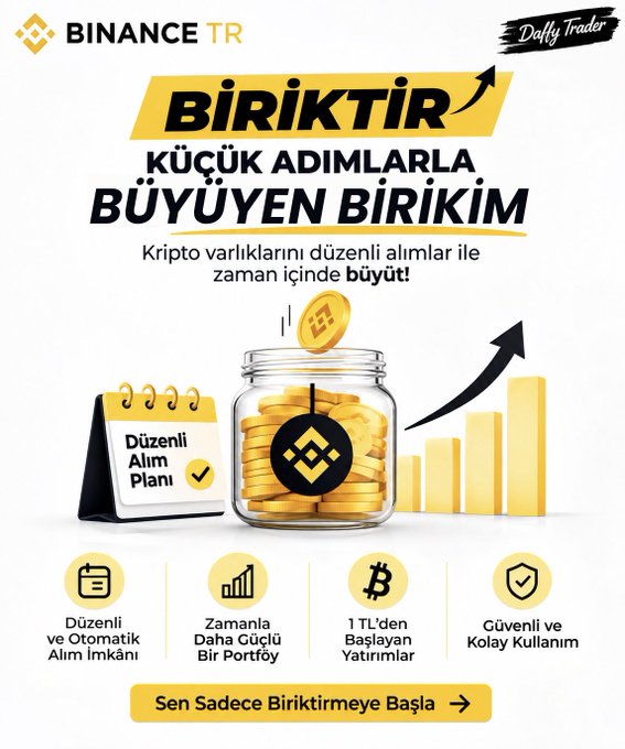 This Binance TR advertisement promotes their "Biriktir" (Accumulate) feature, with Turkish text reading "KÜÇÜK ADIMLARLA BÜYÜYEN BİRİKİM" (Growing savings with small steps), highlighting automated crypto purchase plans starting from 1 TL with secure and easy use. The image shows gold coins in a jar, a calendar marked "Düzenli Alım Planı" (Regular Purchase Plan), and a growth chart—visually reinforcing the post's message about patiently accumulating crypto assets over time despite market cycles.