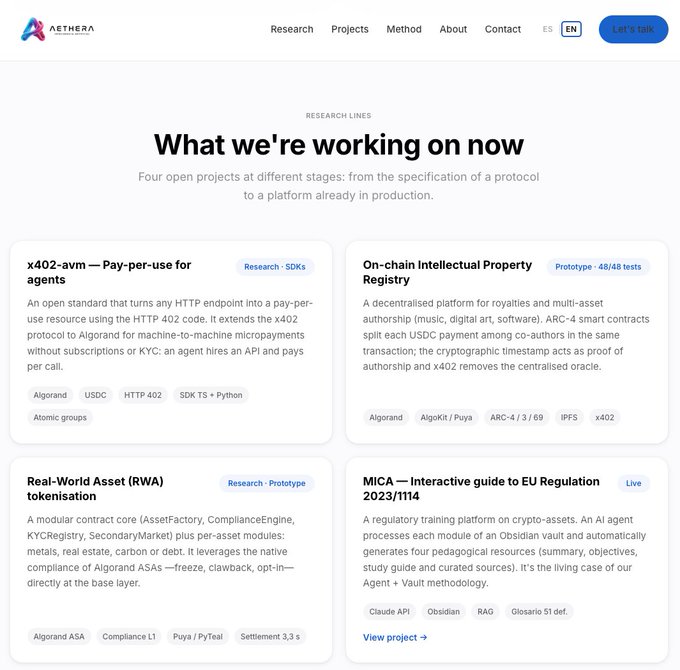 "Research lines: What we're working on now: Research projects at four open stages from the specifications of a protocol for agents ... Agents work with the Algorand platform."