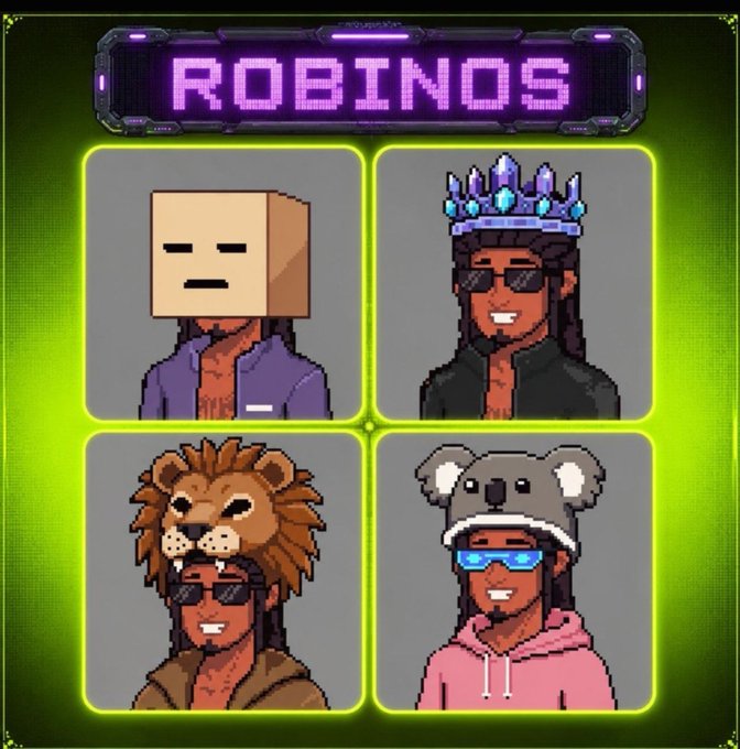A pixel art image titled 'ROBINOS' featuring four character portraits in neon green frames: a person with a cardboard box on their head, a person with a blue crystal crown and sunglasses, a person with a lion mane hat and sunglasses, and a person with a koala hat and blue sunglasses.