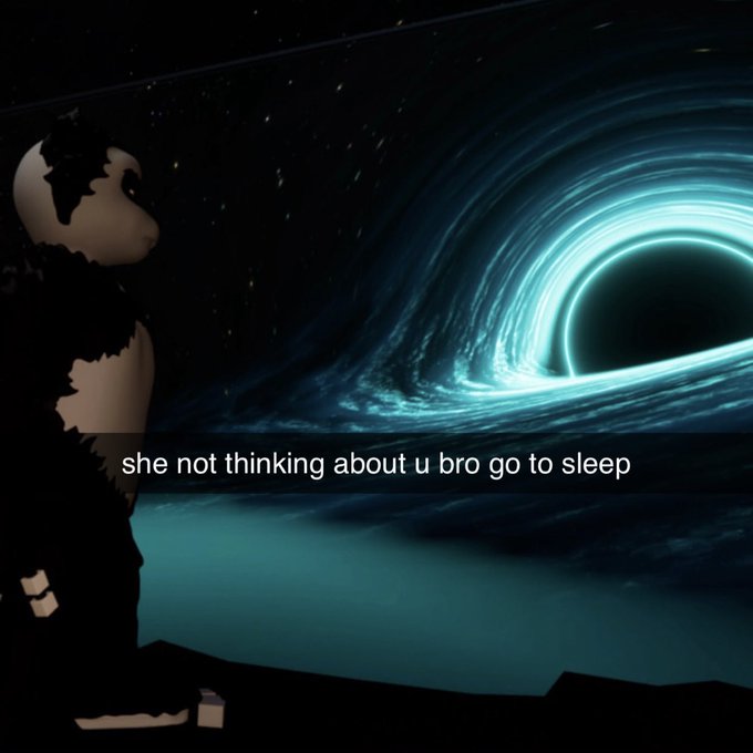 A silhouette figure stands before a glowing black hole in space, with text overlay reading "she not thinking about u bro go to sleep," capturing the harsh realization of being ignored online and reinforcing the post's message about needing to unfollow thousands of distant crypto/OnlyFans creators.
