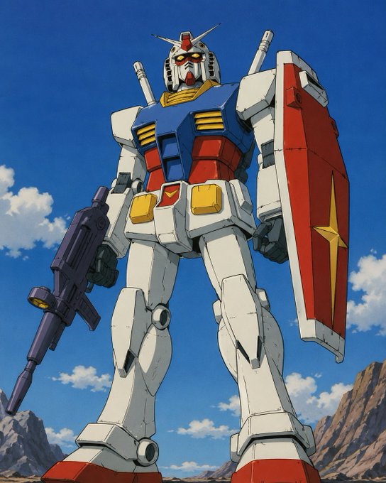 An illustrated RX-78-2 Gundam mecha standing in a heroic pose holding a beam rifle and shield against a blue sky and mountainous backdrop.