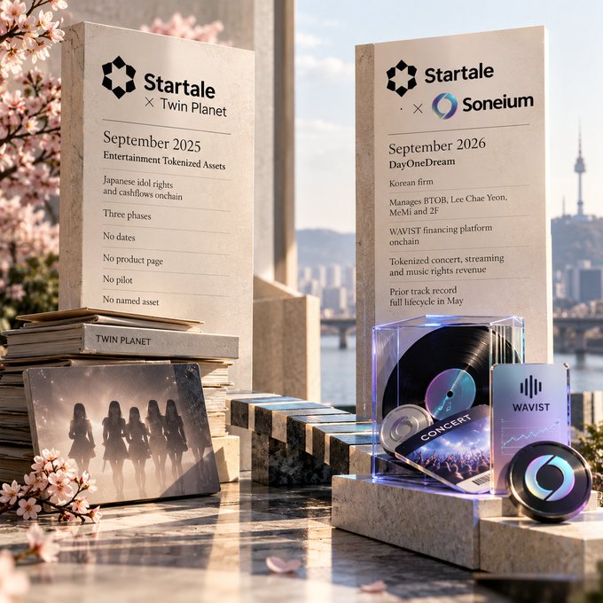 A promotional graphic for Startale × Twin Planet (September 2025) and Startale × Soneium (September 2026), highlighting DayOneDream and WAVIST features.