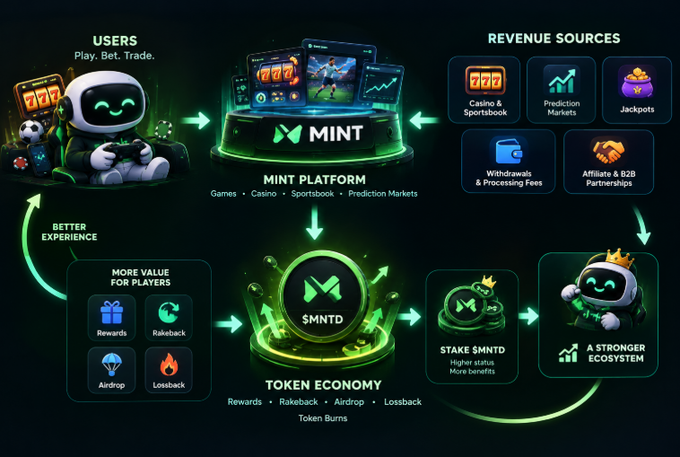 An infographic for the 'MINT PLATFORM' showing the flow between Users, Revenue Sources (Casino & Sportsbook, Prediction Markets, Jackpots, Withdrawals, Affiliate & B2B), and Token Economy ($MNTD).