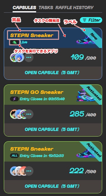 スンプリング器 STEPN れージックstepn gs sneaker” are featured in a post about a raffle. The image also includes a price guide for the sneakers, with stepn gs sneakers as the top choice among several options.