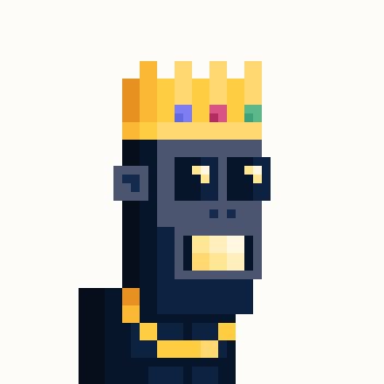 A pixel art character depicting a gray-skinned ape or monkey with golden teeth, wearing a gold crown with colorful jewels.