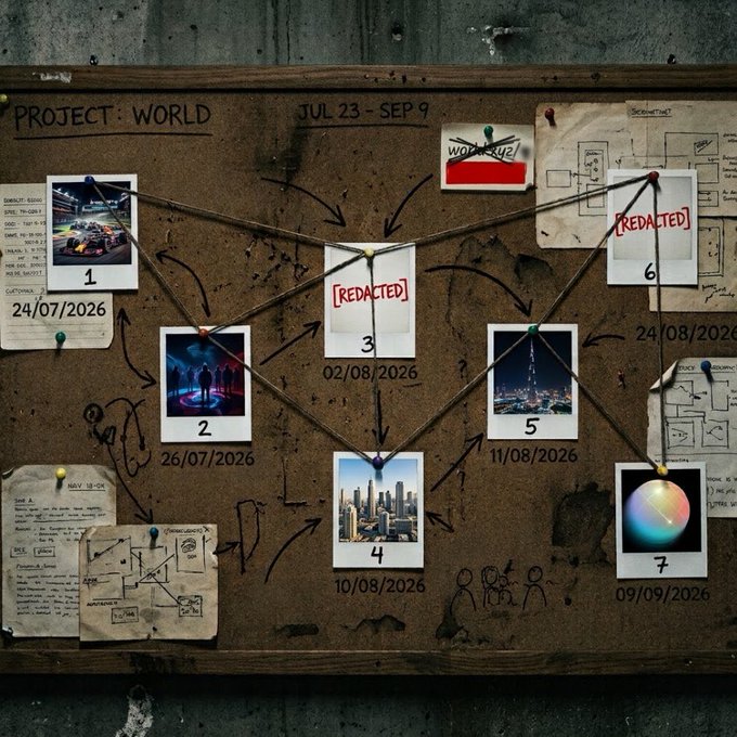 A detective-style corkboard labeled 'PROJECT: WORLD' with dates from JUL 23 - SEP 9, showing photos numbered 1-7 connected by string with redacted items.