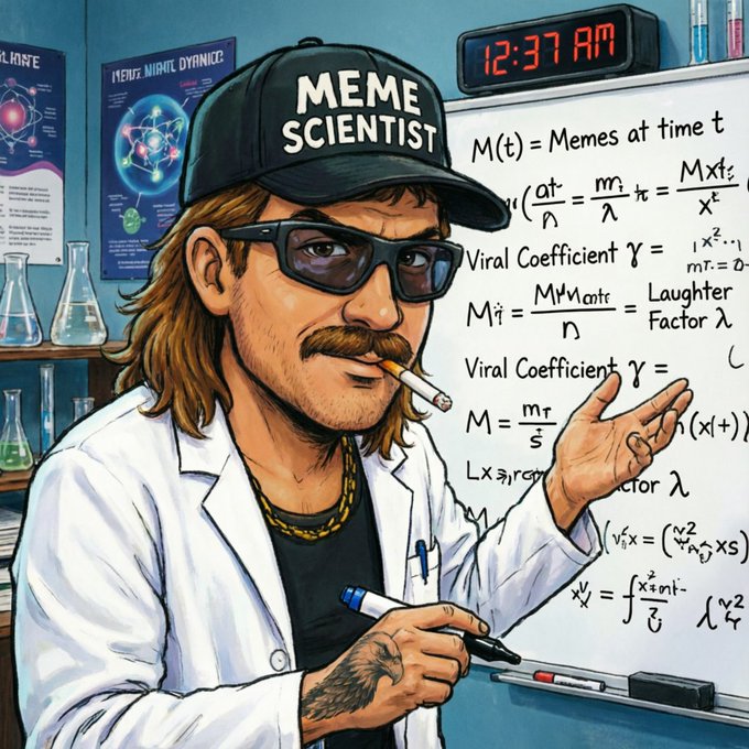 An illustration of a 'MEME SCIENTIST' character with long hair, sunglasses, and a lab coat pointing at a whiteboard filled with meme-related equations, with a digital clock reading '12:37 AM'.