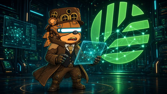 A stylized cartoon illustration of a steampunk-themed bear character wearing goggles and a trench coat, holding a glowing holographic screen, set against a cyberpunk cityscape backdrop with a large green leaf logo to the right.