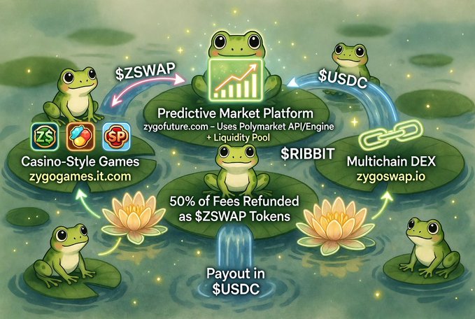 An illustrated diagram featuring frogs on lily pads explaining the Zygo ecosystem, showing connections between $ZSWAP, $USDC, $RIBBIT, a Predictive Market Platform (zygofuture.com), Casino-Style Games (zygogames.it.com), Multichain DEX (zygoswap.io), and payouts in $USDC.