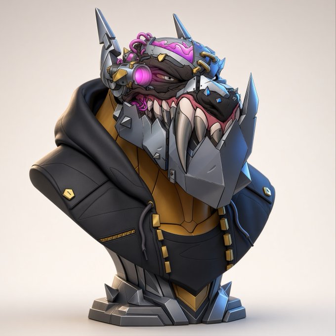A stylized 3D-rendered bust of a cyberpunk mutant character with glowing pink brain matter, sharp fangs, and a metallic jaw piece, presented as a digital avatar by artist @edizkan_ for the Mutant Hounds/Cartel collection.