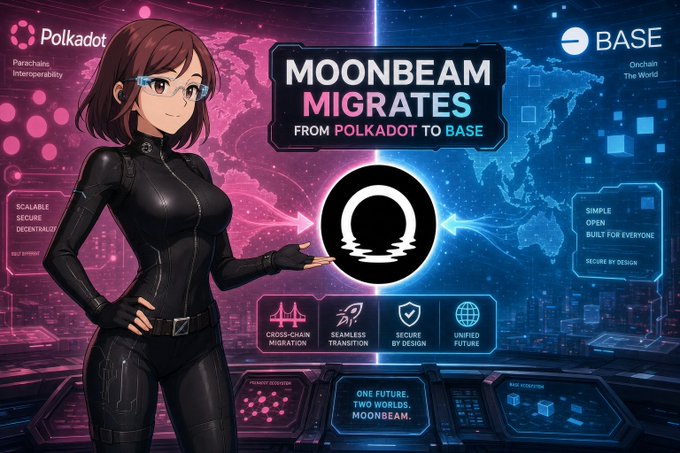 An anime-style character in a black bodysuit presents a futuristic dashboard displaying "MOONBEAM MIGRATES FROM POLKADOT TO BASE," highlighting key features like cross-chain migration, seamless transition, secure by design, and unified future alongside logos for Polkadot and Base, visually reinforcing the announcement of $GLMR's migration from Polkadot to Base.