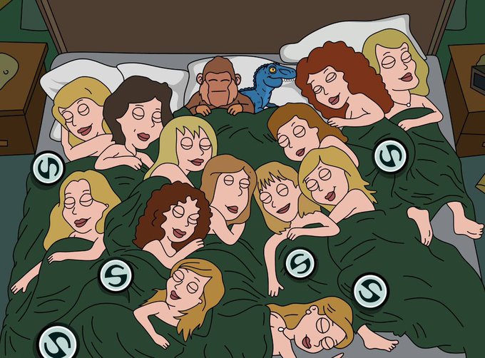 An animated cartoon scene depicting a large group of women, a monkey, and a dinosaur sleeping together in a bed, with circular "S" icons overlaid on the image.