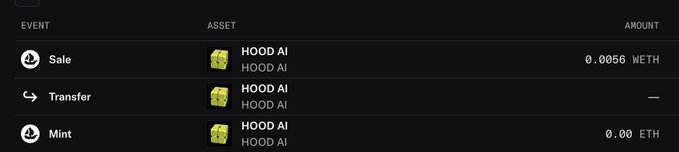 A transaction history showing a HOOD AI NFT mint and immediate sale for 0.0056 WETH, illustrating the poster's quick freemint-to-flip strategy described in the post.