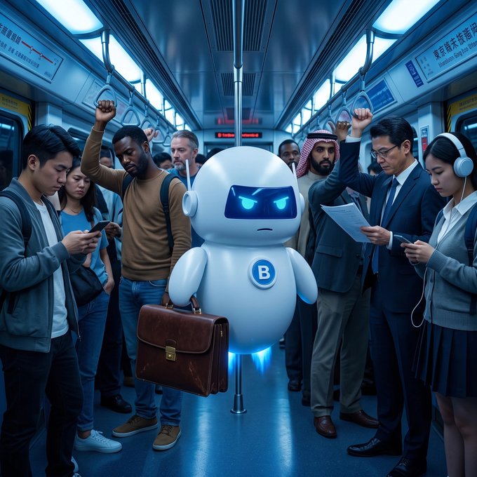 A futuristic scene inside a subway car where a small white robot with glowing blue eyes holds a leather briefcase, surrounded by diverse commuters on phones and tablets.