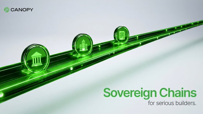 A promotional graphic for 'CANOPY' featuring green glowing icons of a building, bank, and document moving along a track, labeled 'Sovereign Chains for serious builders.'