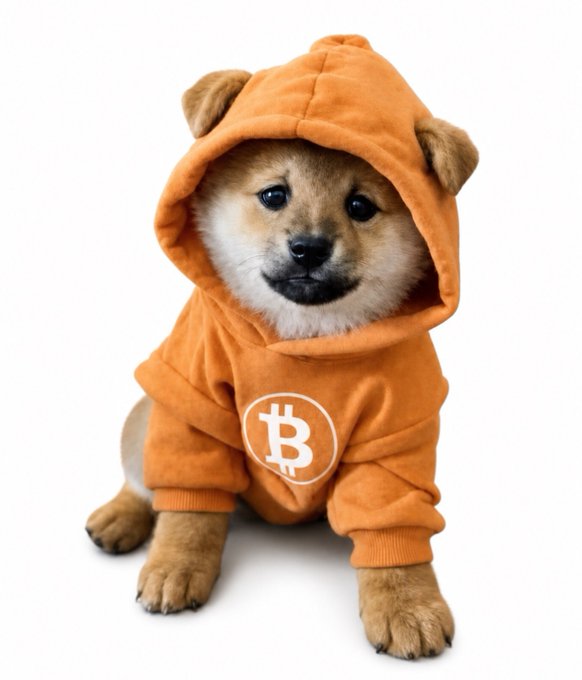An adorable Shiba Inu puppy sits wearing an orange Bitcoin-themed hoodie with the white '₿' logo on the front.