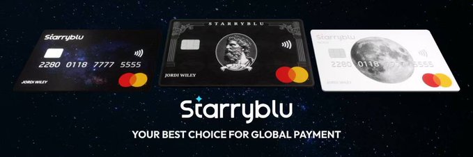 The image displays three Starryblu Mastercard credit/debit cards with the brand's starry, celestial aesthetic—one featuring a cosmic design, another with an astronaut illustration, and a third in a white minimalist style—all bearing the name "JORED WILEY" and card number "2280 0118 7777 5555." The tagline "YOUR BEST CHOICE FOR GLOBAL PAYMENT" ties directly to the post's promotion of Starryblu's MAS-licensed multi-currency wallet for global money management and the inclusion of a physical card.
