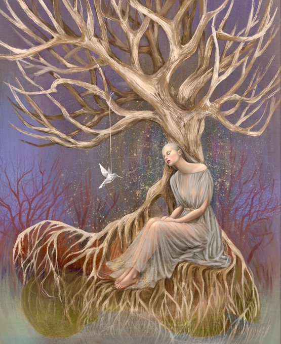 A painted fantasy scene of a pale woman with long hair in a flowing white dress sitting under a large bare tree with sprawling roots, while a paper origami bird hangs from a thread beside her against a purple background with sparkles.