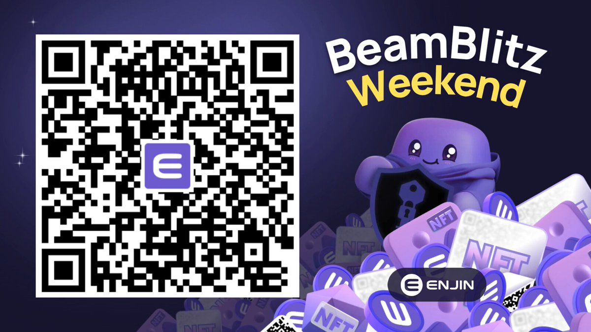 The image features a poster for an event called "BeamBlitz Weekend" that took place on Saturday, May 14th. The poster includes a QR code that can be used to enter a contest or claim a reward. There are also logos of Enjineers and NFTs in the image. The text on the poster reads: "BeamBlitz Weekend is LIVE @enjin NFTs Unlocking real doors? @onchainunlock made it happen. Scan the Beam QR with your Enjin Wallet or claim it here: enj.in/nm5Ve Same day next week, Enjineers!".