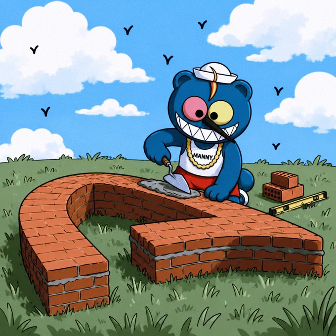 A cartoon illustration of a blue bear wearing a sailor hat and shirt reading 'MANNY', building a brick wall structure on a grassy field under a cloudy sky with birds flying.