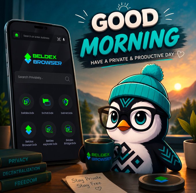 A promotional graphic titled 'GOOD MORNING - HAVE A PRIVATE & PRODUCTIVE DAY' featuring a cartoon penguin mascot wearing glasses and a beanie next to a phone displaying the 'Beldex Browser' interface with bookmarks like 'beldex.bdx' and 'bchat.bdx', alongside books labeled 'PRIVACY', 'DECENTRALIZATION', and 'FREEDOM'.