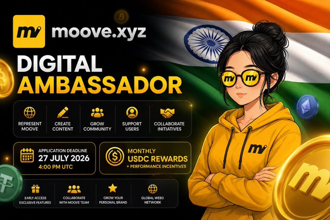 A promotional graphic for 'moove.xyz' seeking a Digital Ambassador for the Indian market, featuring an illustrated woman in a yellow hoodie, with an application deadline of 27 July 2026 and monthly USDC rewards.